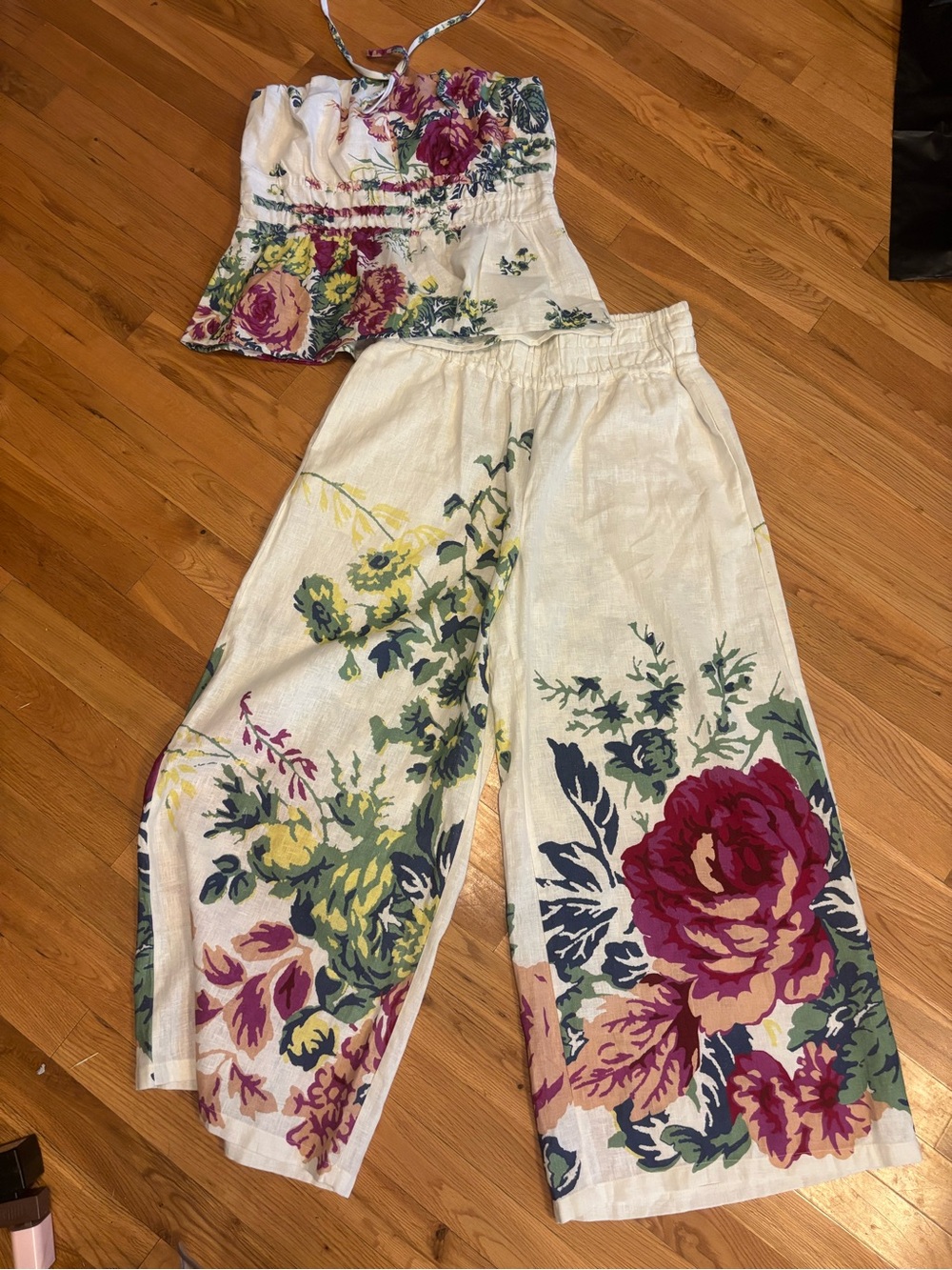 Anthropologie Cream Wide-Leg Floral Pants with Pink & Green Blooms